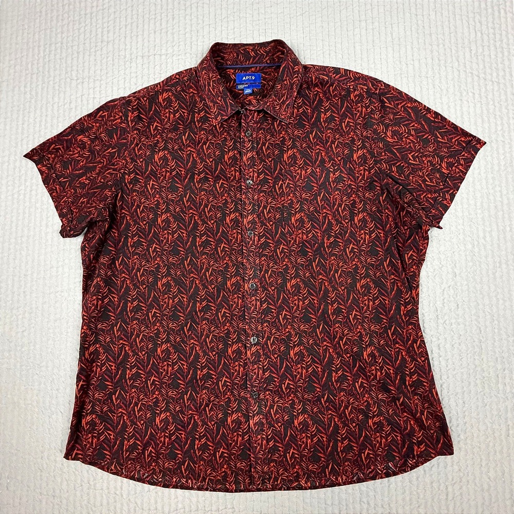 Apt 9 Premier Flex Mens XXL Red Black Leaf Print Cotton Short Sleeve Button Down